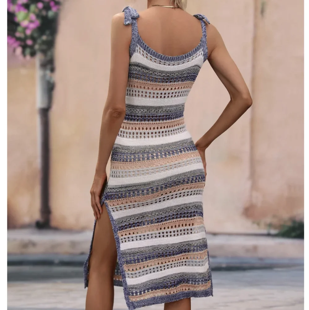 Miss Sparkling Knitted Striped Tie Shoulder Split Hem Dress Cover Up…